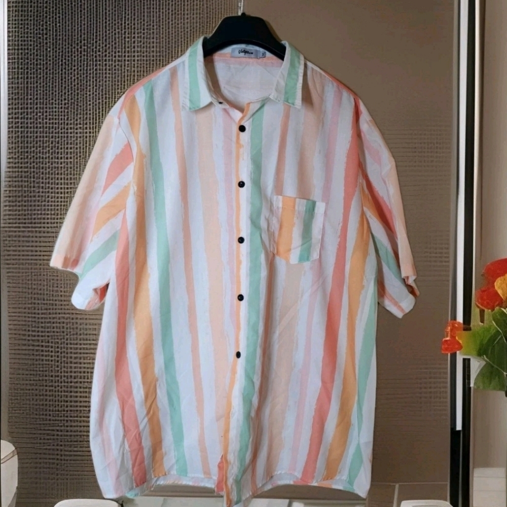 VATPAVE 3XL Mens Striped Button Up Short Sleeve Shirt Casual Summer